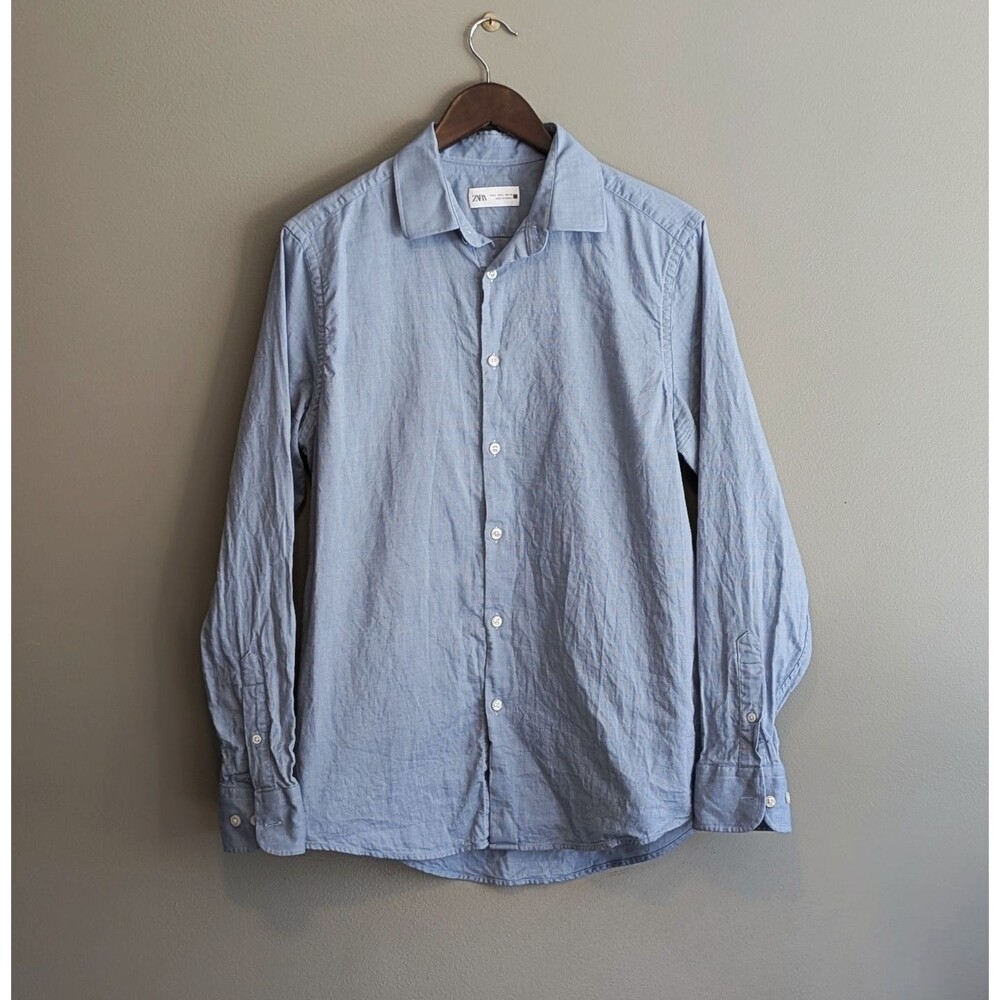 ZARA Man Shirt Mens Large Blue Textured Long Sleeve Button Up L Slim Fit Casual